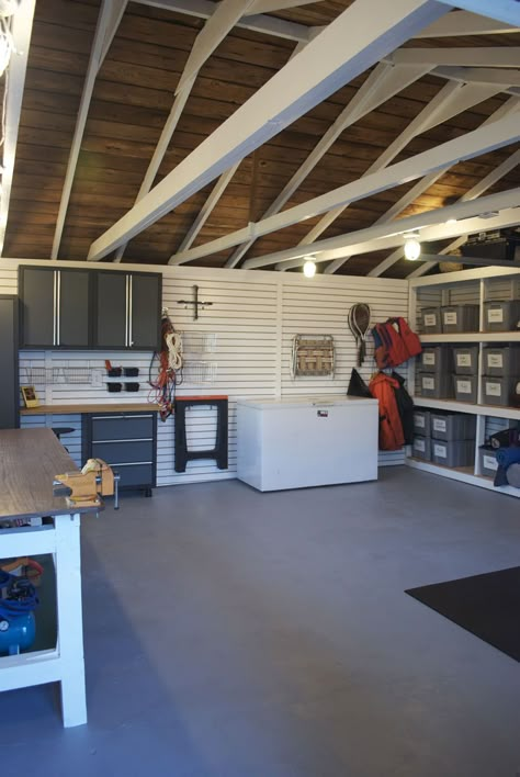 Garage Ceiling Storage, Garage Floor Paint, Finished Garage, Garage Renovation, Overhead Garage, Garage Remodel, Ceiling Storage, Garage Work Bench, Attic Renovation