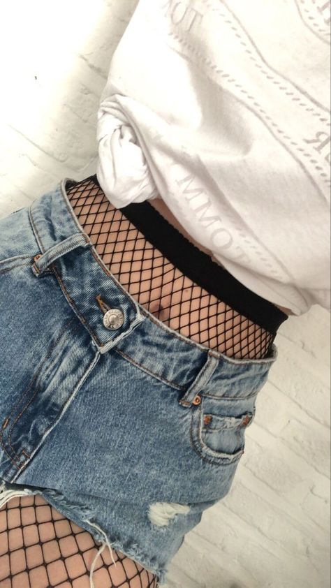 Just my and my fishies Fish Net Tights Outfit Aesthetic, Black Shorts With Fishnets, Fish Net Tights Outfit Shorts, White Fishnet Outfit, Fish Nets Outfit, Fishnets With Shorts, Ripped Jeans With Fishnets, Fishnet And Jeans, Fishnets Outfit