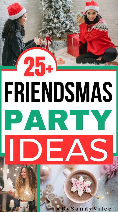 25+ friendsmas party ideas Xmas Get Together Ideas, Friendsmas Ideas Dinner Parties, Friendsgivingmas Party Ideas, Xmas Party Ideas For Adults, Things To Do With Your Friends For Christmas, Friendsmas Craft Ideas, Womens Holiday Party Ideas, Christmas Themed Ladies Night, Friends Mas Party