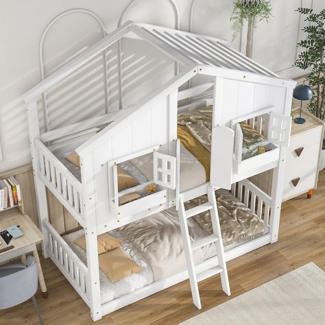 PRICES MAY VARY. Pine + Plywood +Pb [Wood House Roof bunk Bed ] The unique design of wood house bunk bed with windows,door,ladder,provides kids with endless imagination and access to the natural woods, while they go to bed and fall asleep. This bed not only gives them a lot of fun, but also add to their imagination and creation. They can put various decorations and accessories on the window boxes to accompany their whole sleep and daily activities. [Low Height Design] The low height feature of t Low Height Bed, Twin House, House Bunk Bed, Loft Bunk Beds, Wooden Bunk Beds, Top Beds, Roof Window, Twin Bunk Beds, Wood House