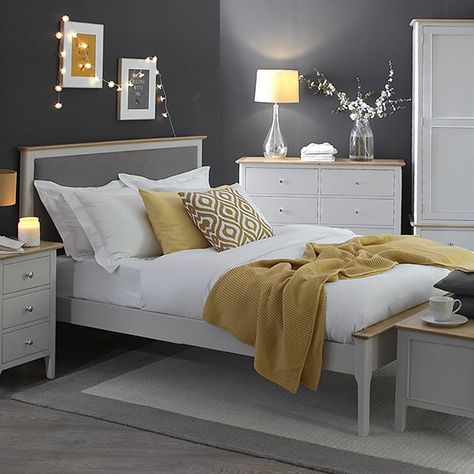 Hampshire Ivory Painted Oak 5ft King Size Bed Frame Mustard And Grey Bedroom, Mustard Bedroom, Mustard And Grey, Yellow Bedroom Decor, Grey Bedroom Decor, Oak Bedroom Furniture, Oak Bedroom, Yellow Bedroom, Grey Bedroom