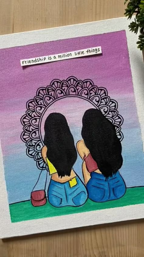 Bff Mandala Art, Two Friends Mandala Art, Sister Canvas Painting, Friendship Drawing Ideas, Bestie Cartoon Best Friends, Friendship Doodles Art, Bestie Paintings, Bff Painting Ideas, Friendship Mandala