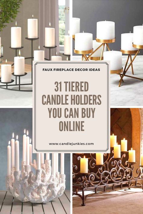 Here are 31 tiered candle holders you can buy for an empty fireplace online Fireplace Candelabra Decor, Tiered Candle Holder, Metal Candle Holders Decor Ideas, Fireplace Candle Ideas, Candles For Fireplace, Candles Inside Fireplace Ideas, Fireplace Candelabra Ideas, Inside Fireplace Ideas, Fireplace Candleholder