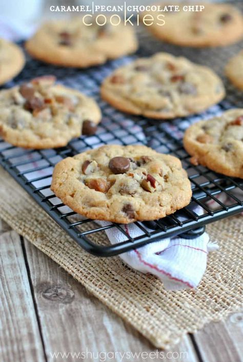 My favorite recipe for Chocolate Chip Cookies. I added in some caramel bits and chopped pecans for a decadent, chewy delight! Be sure to sign up for my email…new recipes in your inbox! I don’t bake cookies very often in the summer. Isn’t that strange? It’s not that I’m against turning my oven on or anything, I … Pecan Chocolate Chip Cookies, Pecan Chocolate, Chocolate Chip Pecan Cookies, Turtle Cookies, Shugary Sweets, Cookie Brownie Bars, Pecan Cookies, Caramel Pecan, Yummy Sweets