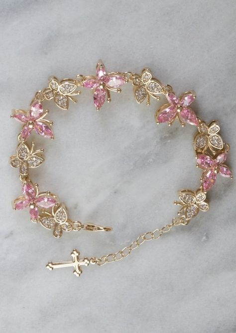 Pink Quince Bracelet, Rhinestones Aesthetic, Promise Rings Diamond, Butterfly Bracelets, Necklaces Minimalist, Rings Chunky, Quinceanera Jewelry, Jewelry 2022, Girly Bracelets