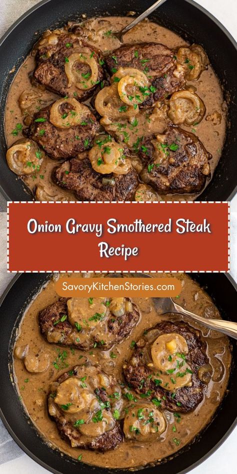 Are you craving a hearty meal that’s packed with flavor? This Onion Gravy Smothered Steak Recipe is your answer! Perfectly tender steak topped with savory gravy elevates any steak dinner. Save this recipe for an unforgettable side dish that will impress friends and family at your next gathering! Round Steak And Mushroom Gravy, Tender Minute Steak Recipes, Sir Loin Steak Recipes, Boneless Beef Steak Recipes, Onion Gravy Smothered Steak, Recipe For Shaved Beef Steak, Smothered Round Steak And Gravy, Smothered Cube Steak Recipes, Beef Steaks Recipe