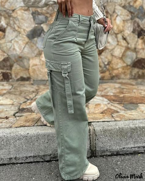 Olivia Mark - High-Waisted Cargo Pants with Stylish Pockets Loose Womens Pants, Celana Kargo, High Waisted Cargo Pants, Retro Pants, Black Overalls, Green Cargo Pants, Solid Color Pants, High Waist Fashion, Baggy Pants