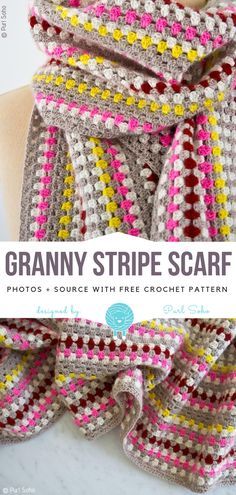 Granny Stripe Scarf, Stripe Scarf Pattern, Crochet Stripe Scarf, Crochet Help, Granny Stripe Crochet, Granny Square Pattern Free, Crochet Granny Stitch, Granny Square Scarf, Crocheted Slippers