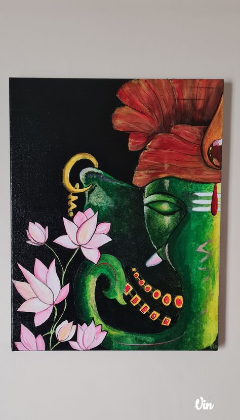 Acrylic on Canvas🎨: Peepal Ganesha Ganesh Painting, Poster Rangoli, Ganesh Art Paintings, Modern Portrait, Productive Work, Basic Painting, Lotus Painting, Simple Rangoli Border Designs, Color Drawing Art