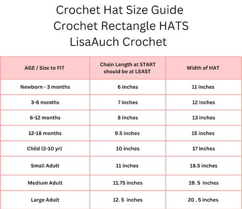 Crochet Hat Size Chart for Crocheting Hats in a rectangle Single Crochet Ribbed Hat, Crochet Hat Size Guide, Crochet Hat Measurement Chart, Crochet Ribbed Beanie Size Chart, Beanie Size Chart Crochet, Hat Sizes Crochet Chart, Crochet Hat From Rectangle, Crochet Beanie Size Chart, Crochet Hat Diagram