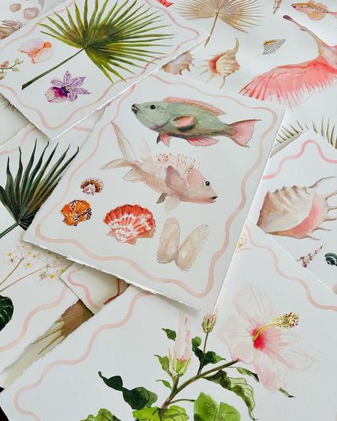 Inslee Fariss on Instagram: "Cabana collection. Working on bringing this to the website by next Thursday the 23rd! 10 am, the spoonbills are coming people" Pool Water Color Ideas, Cass Deller, Invite Illustration, Maximalist Watercolor, Gouache Beach Painting, Gouache Greeting Cards, Inslee Fariss, Sea Inspiration, Mermaid Gouache Painting