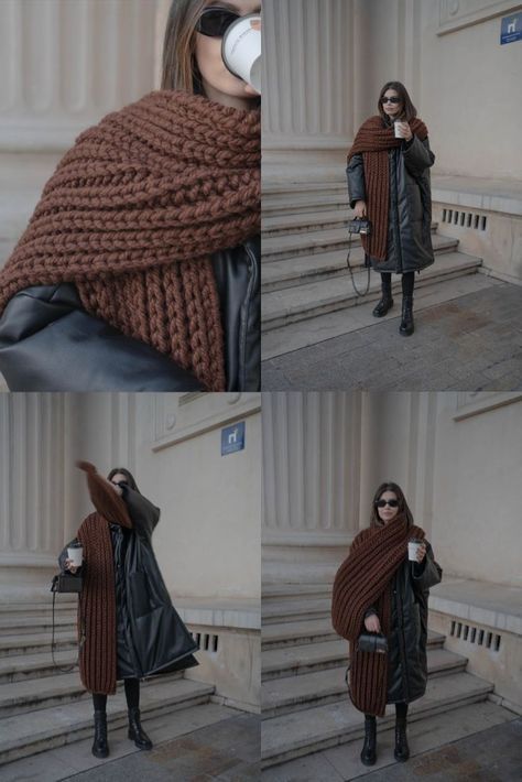 Scarf Aesthetic, Chunky Crochet Scarf, Chunky Knit Scarf, Chunky Knit Scarves, Scarf Outfit, Warm Dresses, Crochet Fashion Patterns, Trendy Fall Outfits, Long Knit