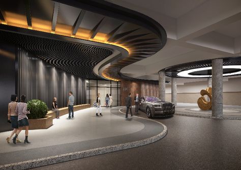 Car Showroom Architecture, Hotel Parking, Dark Modern House, Residential Lobby, Shopping Mall Interior, Atrium Design, Astoria Hotel, Dark Modern, Luxury Garage