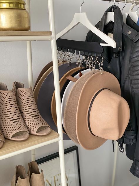 Organizing My Work Space - The House of Sequins Where To Put Hats In Room, Unique Storage Ideas For Small Spaces Bedrooms, Shoe Shelves On Wall Closet, How To Organize Hats In Closet, Sun Hat Organization, Built In Closet Shoe Storage, Tidy Living Room, Walk In Closet Hat Organization, Organizing Hats In Closet