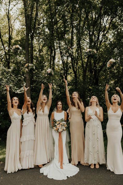 Mismatch Beige Bridesmaid Dresses, Neutral Textured Bridesmaid Dresses, Nutral Bridesmaid Dresses, Bridesmaids With One Rose, Champagne Pattern Bridesmaid Dresses, Different Style Bridesmaid Dresses Long, Cream Lace Bridesmaid Dresses, Wedding Party Photos 3 Bridesmaids, Beige Bridesmaid Dresses Mismatched