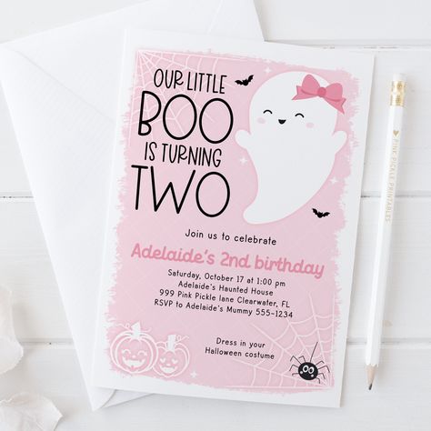 Little Boo is Turning Two Halloween Birthday Party Invitation Boo Is Turning Two, Halloween Birthday Party Invitations, Birthday Invitation Pink, Halloween Birthday Invitations, Pink Ghost, 2nd Birthday Party Themes, 2nd Birthday Party, Invitation Pink, Birthday Halloween Party