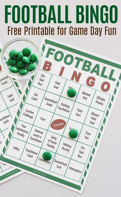 Free printable football bingo game for all ages! Watch the game, mark your cards and win bingo. The perfect Super Bowl party game or a fun family activity for football fans. Includes a set of 8 printable bingo cards for a fun football party game. #superbowl #superbowlparty #football #printables Football Bingo, Super Bowl Bingo, Football Party Games, Sports Party Games, Superbowl Party Games, Football Super Bowl, Superbowl Game, Football Theme Party, Super Bowl Football