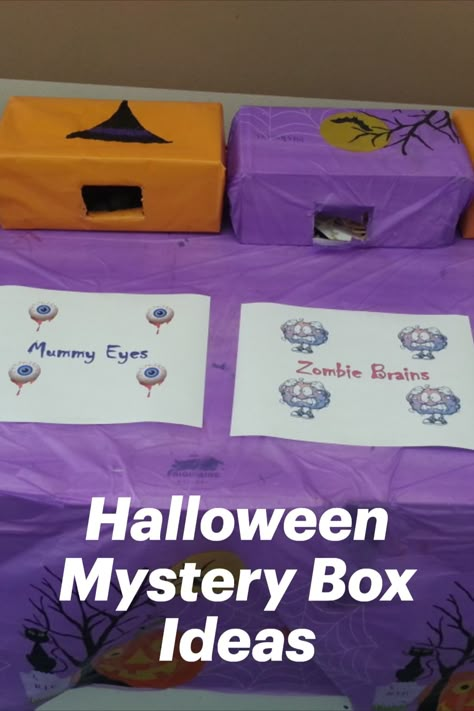 Creepy Halloween Sensory Boxes, Spooky Feel Boxes, Halloween Mystery Sensory Boxes, Halloween Party Feel Boxes, Halloween Blind Box Game, Halloween Sensory Box Game, Touch And Feel Halloween Boxes, Feel Boxes For Halloween, Halloween Feeling Boxes