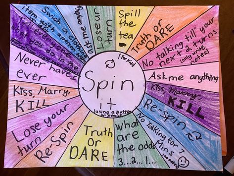 Spin The Bottle Truth Or Dare, Spin Bottle Game, Truth Or Dare Spin The Bottle, Sleepover Spin The Wheel, Spin The Bottle Ideas For Friends Clean, Spin The Bottle Ideas For Friends Spicy, Spin The Wheel Ideas, Diy Spin The Bottle, Spin The Bottle Questions