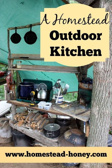 In the summer months, we move our homestead kitchen outdoors! Here's how we have set up a functional, low-cost outdoor kitchen for cooking or canning. | Homestead Honey Kitchen For Cooking, 1000 Lifehacks, Off Grid Homestead, Canning Kitchen, Homestead Kitchen, Outdoor Cooking Area, Homesteading Skills, Urban Homesteading, Living Off The Land