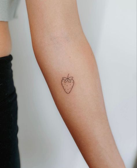 Cute Tattoos Strawberry, Strawberry Behind Ear Tattoo, Kawaii Strawberry Tattoo, Small Tattoos Strawberry, Minimal Strawberry Tattoo, Strawberry Finger Tattoo, Small Strawberry Tattoo Simple, Strawberry Line Tattoo, Mini Strawberry Tattoo