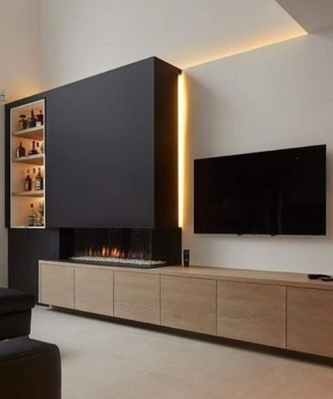 Offset Tv And Fireplace, Bathroom Alcove Ideas, Modern Corner Fireplace, Wood Stoves Ideas, Pellet Stove Ideas, Tile Fireplaces, Black Tile Fireplace, Gas Fireplace Ideas Living Rooms, Black Brick Fireplace