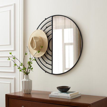 Add a touch of glamour and retro style with the Walker Edison 32 Contemporary Round Wall Mirror with Hooks. The half-circle mirror adds an eye-catching, artistic flair, while the metal hooks become a landing spot for accessories and keys. The stunning combination of contrasting metal and chic glass makes this mirror a focal point in any entryway, hallway, or mudroom. The versatile silhouette fits right at home in modern, contemporary, and bohemian aesthetics. Size: 32".  Color: Black. Half Circle Mirror Entrance, Wall Mirror With Hooks, Round Hanging Mirror, Mirror Decor Ideas, Entryway Mirror, Mirror With Hooks, Circle Mirror, Walker Edison, Entryway Hallway