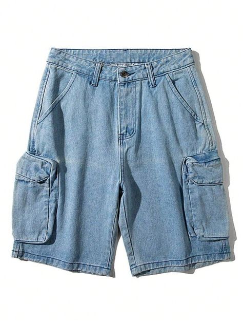 Men's Washed Cargo Denim Shorts Baggy Plain Sky Blue Urban Blue    Denim Plain Bermuda Non-Stretch  Men Clothing, size features are:Bust: ,Length: ,Sleeve Length: Jorts Men, Jean Jorts, Cargo Denim Shorts, Denim Shorts Men, Short Male, Baggy Jean Shorts, Bermuda Cargo, Shein Men, Outfit Inso