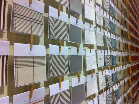 Love the fabric swatches at the Janus et Cie SF showroom Fabric Samples Display, Fabric Swatch Display Ideas, Swatch Display Ideas, Fabric Decoration Ideas, Fabric Sample Display, Swatch Display, Fabric Swatch Display, Fabric Showroom, Fabric Store Design