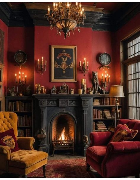 Victorian Red Room, Medieval Living Room Decor, Maximalist Library Room, Red Wall Interior Design, Gold Velvet Couch Living Room Ideas, Fireplace Dark Academia, Gryffindor Living Room, Red Victorian Living Room, Red Vintage Decor