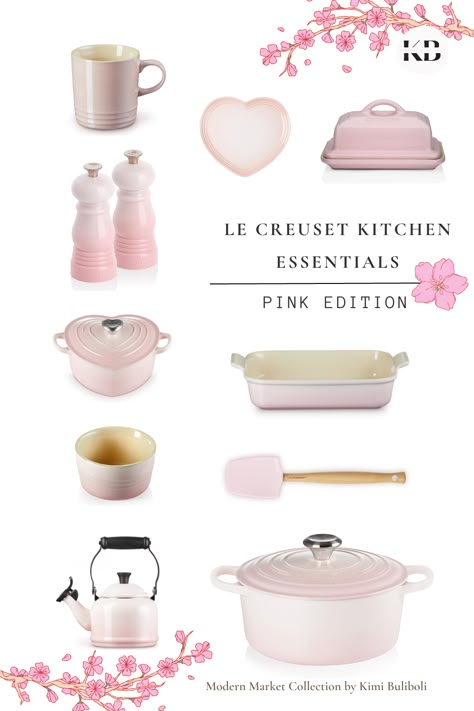 The Le Creuset Shell Pink collection is beautiful and functional line of kitchen toold and designed to make cooking and baking a joy. The pink colour is vibrant and eye-catching, making it a great addition to the kitchen. Pink Kitchen Cookware, Le Creuset Pink Collection, Pink Le Creuset Aesthetic, Pink Utensils Kitchen Accessories, Pink Le Creuset Kitchen, Le Creuset Shell Pink, Pink Airfryer, Le Creuset Aesthetic, Light Pink Kitchen