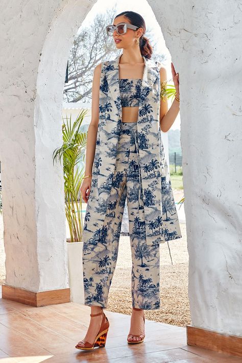 Shop for these amazing collections of White Cotton Linen Scenic Jacket: Lapel Adelle Pattern Co-ord Set For Women by House of Fett online at Aza Fashions. Co Ords Outfits, Stand Collar Top, Coord Set, Top And Pants Set, Floral Print Shirt, Linen Jacket, Top Pants Set, Manish, Indian Fashion Dresses