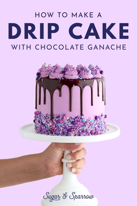 Best Ganache For Drip Cake, Ganache Cake Drip, Chocolate Drip Cake With Sprinkles, Pink Cake Chocolate Drip, Cake With Ganache Topping, Chocolate Candy Cake Decoration, Chocolate Ganache Drip Recipe, Ganache Drip Cake Tutorial, Drip Ganache Recipe