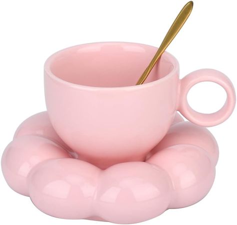 Cloud Coffee Cup and Saucer Set, Cute Mug with Flower Spoon and Sunflower Coaster,Kawaii Tea mug with dish, Latte Cups 6.7oz/200ml for Office and Home for women. Cloud Coffee, Flower Spoon, Coffee Saucer, Coffee Cup And Saucer, Flower Cup, Chocolate Caliente, Cute Mug, Coffee Cups And Saucers, Cute Mugs