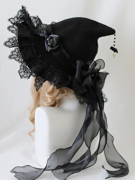 Demon Wings Bowknots Lace Trim Goth Witch Hat 4 Color Options Witch Accessories Costume, Custom Witch Hat, Witch’s Hat, Decorate Witches Hat, Sew Witch Hat, Witches Hats Decorations, Goth Apron, Witch Costumes For Women Diy, Goth Witch Costume