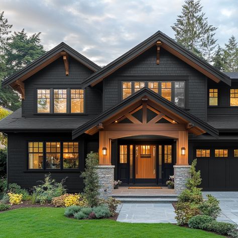 Black House With Cedar Accents, Black And Wood House Exterior, Dark Exterior House Colors, Dark Exterior House, Modern Black House, Craftsman Home Exterior, Gray House Exterior, Black Houses, Lake Houses