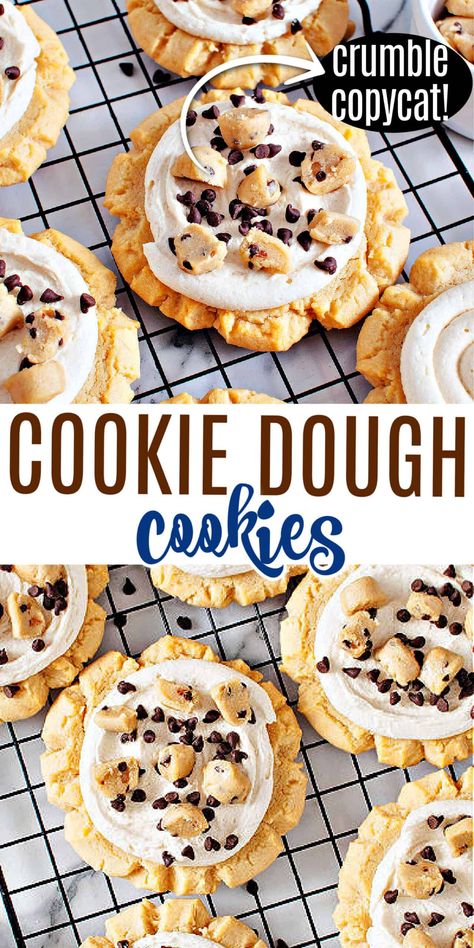 Brownie Batter Crumbl Cookie Recipe, Small Crumbl Sugar Cookie Recipe, Chocolate Chip Cookies With Frosting, Ambitious Kitchen Cookies, Crumbl Cookie Dough Cookie, Dirty Dough Cookies Copycat, Cookie Dough Cookies Recipe, Crumble Chocolate Chip Cookies, Crumbl Cookie Chocolate