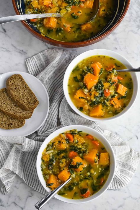 This immune boosting butternut squash vegetable soup has a variety of tastes and textures guaranteed to strengthen your body from the inside out. It's a hearty soup made with creamy butternut squash, antioxidant rich cauliflower rice and nutrient dense kale but completely grain and gluten free. Herbs and spices enhance the flavor of the vegetables and boost your overall health. Butternut And Cauliflower Soup, Butternut Squash Vegetable Soup, Brussel Sprout Soup, Frozen Butternut Squash, Creamy Butternut Squash, Butternut Soup, Squash Vegetable, Hearty Soup, Low Cholesterol