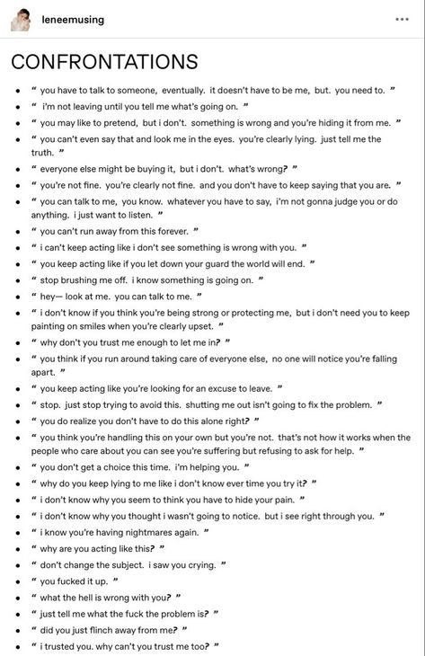 Confrontation Writing Prompts, Group Meowing Starts In 10 Minutes, Internal Conflict Ideas, Story Filler Ideas, Random Dialogue Prompts, Oblivious Pining, Marriage Of Convenience Writing Prompts, Story Dialogue Ideas, Arguing Prompts