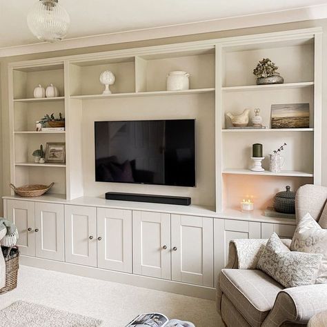 Living Room Designs With Wardrobe, Media Wall With Fireplace And Tv And Storage, Tv Media Unit Modern, Living Room Designs Storage, Small Tv Media Wall, Ikea Havsta Media Wall, Media Wall Shelf Styling, Built In Bookcases With Tv, Build In Living Room