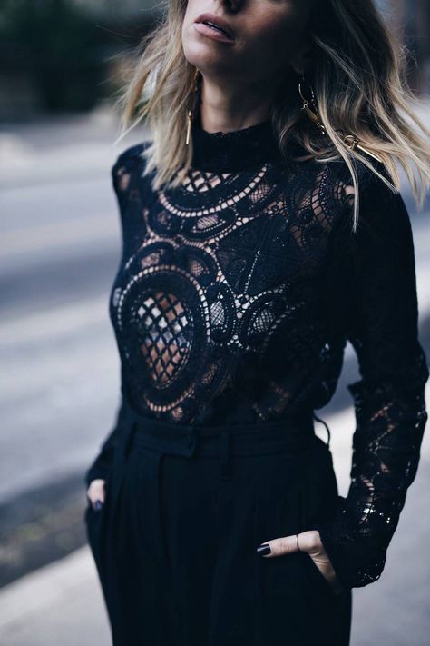 Black lace top, statement earrings | The August Diaries Lace Leather Outfit, Lace Black Top Outfit, Lace Shirt Outfit Ideas, Black Lace Shirt Outfit, Black Lace Dress Outfit, Black Lace Top Outfit, Lace Shirt Outfit, Lace Top Outfit, Black Lace Long Sleeve Top