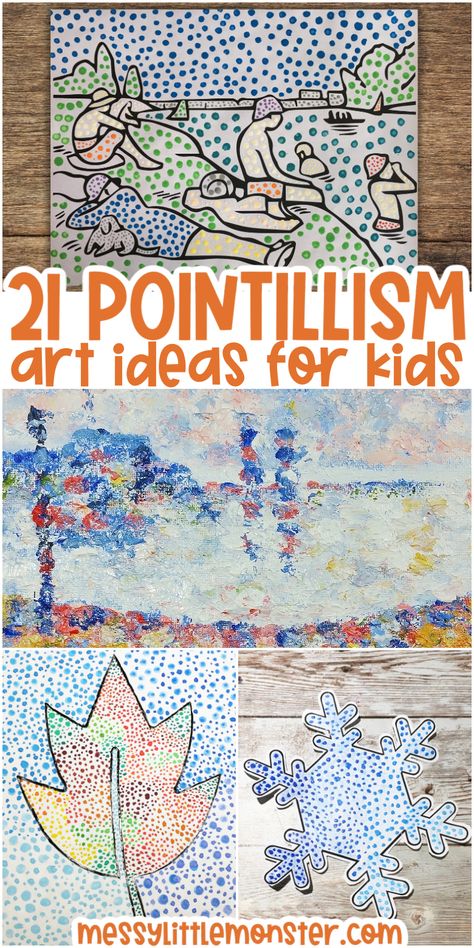 One Day Art Projects Kindergarten, Quick Art Lessons Elementary, Pointalism Art Ideas, Hands On Art Projects For Kids, Impressionism Art Lesson, Easy Art Projects For Kids Preschool, Pointalism Art Easy, Pointalism Art For Kids, Pointalism Art For Kids Easy