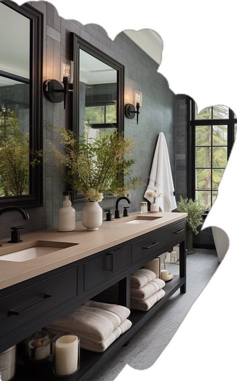 Master Bath Dark Tile, Guest Bathroom Ideas Dark, Masculine Master Bathrooms, Black Accent Master Bath, Men’s Dark Bathroom Ideas, Moody Master Bath Inspiration, Male Bathroom Ideas, Dark Bathroom Floors, Masculine Master Bath