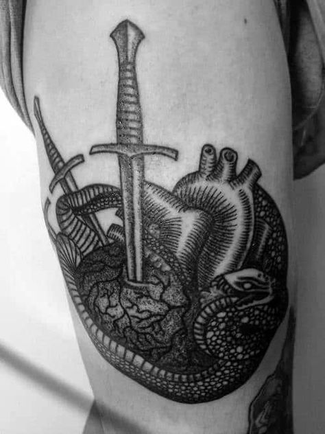 Museum Tattoo, Aggrogoth Tattoo, Black Heart Tattoo, Pointillism Tattoo, Thigh Tattoo Men, Anatomical Heart Tattoo, Skeleton Tattoo, Knife Tattoo, Muster Tattoos