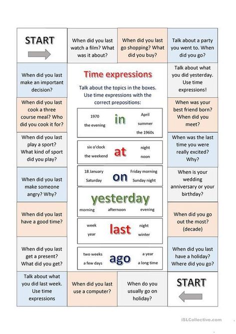 This is a fun board game to practice time expressions and prepositions of time. Your students talk in pairs about the topics on the sheet. Each student places their counter on one of the "start" squares and then move forward by one square at a time talking about the topic using the appropriate time expressions. English Grammar Games, Speaking Activities English, English Teaching Materials, English Exercises, English Grammar Worksheets, English Games, Speaking Activities, Phrasal Verbs, English Vocab