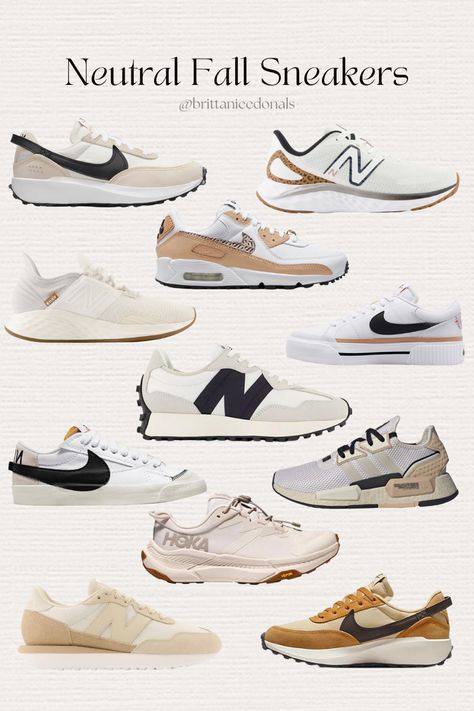 Tan sneakers collage with multiple tennis shoes on it. Camel Tennis Shoes, Womens Neutral Tennis Shoes, Trendy Sneaker Outfits Women, Tan Running Shoes, Fall Outfits Nike Dunks, Neutral Color Tennis Shoes, Womens Fall Sneakers Outfit, Beige Nike Shoes Outfit, Lifestyle Sneakers Women 2023