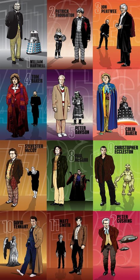 Doctors Everywhere Doctor Who Monsters, 11th Doctor Wallpaper, Doctor Who 12th Doctor, Doctor Who 11th Doctor, Doctor Who Poster, Matt Smith Doctor Who, Doctor Who Wallpaper, John Hurt, Peter Davison