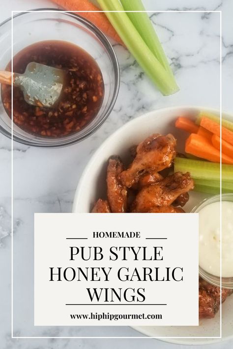 bowl of wings, celery, carrots, white dip, honey garlic sauce in the background in a bowl with a small rubber spatula Honey Garlic Wing Sauce, Garlic Wing Sauce, Party Food Favorites, Honey Garlic Wings, Honey Garlic Chicken Wings, Garlic Wings, Garlic Chicken Wings, Honey Garlic Sauce, Wing Sauce