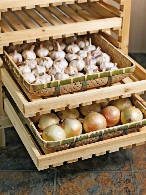 Floating Shelves Corner, Harvest Storage, How To Store Garlic, Shelves Corner, Dream Pantry, Storing Vegetables, Stackable Bins, Pantry Remodel, Root Cellar