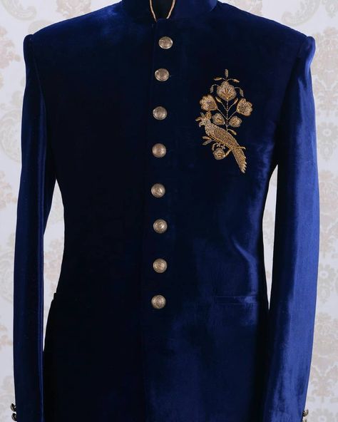 Blue velvet jodhpuri suit with golden zardosi handwork.Get the outfit  at manufacturer rate, call or whatsapp us on +91-9511613559. Velvet Jodhpuri Suits For Men, Jodhpuri Suits For Men Wedding Royal, Embroidery Jodhpuri For Men, Jodhpuri Hand Work, Rajasthani Jodhpuri Suit, Unique Jodhpuri Suit, Jodhpuri Suits For Men Wedding, Boys Dresses, Jodhpuri Suits